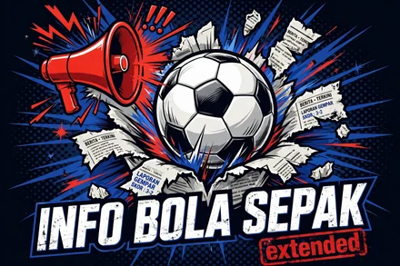 Logo InfoBolaSepak: bola sepak memecah surat khabar dengan megafon